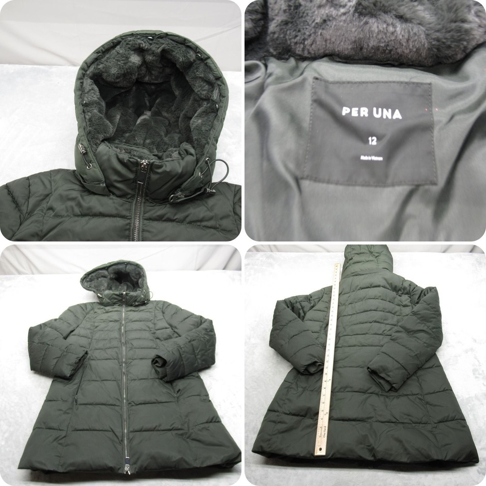 Per Una Jacket Women 12 Pine Green Quilted Faux Fur Hood Full Zip Puffer Parka
